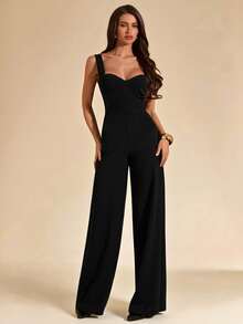 SHEIN BAE 黑色吊带露背连体裤，优雅女士内衣，日常约会装，外出装，派对装，不对称阔腿连体裤，情人节连体裤，休闲连体裤，优雅连体裤 - 黑色 - 查看 3