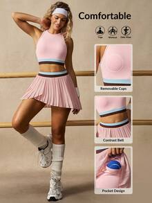 VARSIVA 女士撞色条纹印花露背背心和百褶迷你裙运动套装 - 彩色 - 查看 2