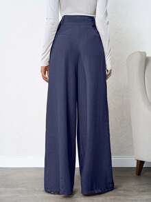 SHEIN Tall Quần vải lanh xếp ly sâu màu trơn cho nữ - Màu xanh hải quân - Xem 2