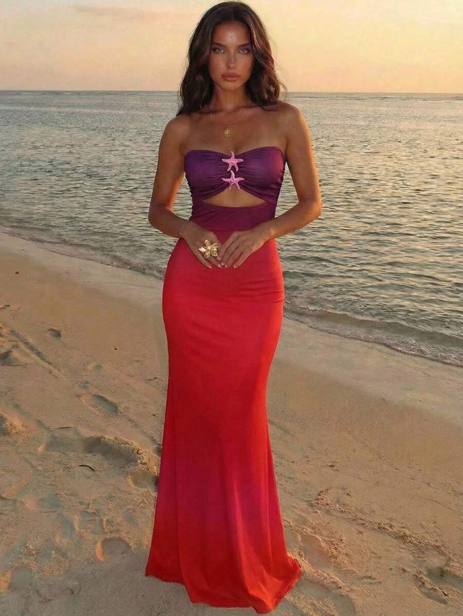 Aloruh Damen Neuer Sommer Urlaub Seestern Batik Farbverlauf Mesh Muster Maxikleid mit Schlitz, geeignet für Urlaub, Date, Abendparty, Strand - Verschiedenfarbig - Übersicht 1