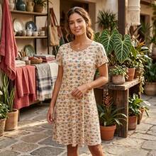 Vestido con Estampado Dual: Rayas Navales y Microflora - Amarillo - Ver 1