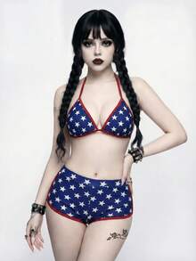 ROMWE Goth Bộ bikini 2 mảnh nữ 26SS hè phong cách quốc kỳ thể thao gợi cảm sọc xanh trắng 2026 mới cho đi học, hẹn hò, nghỉ lễ, tiệc bể bơi, trà chiều, phong cách Western, du thuyền, bãi biển, đảo, road trip, bốn mùa, lễ hội âm nhạc, Boho, Bohemian, Chill, Western Boho, áo top thanh lịch, đồ bơi Mỹ, đồ tắm Mỹ, họa tiết sao - Nhiều màu - Xem 1