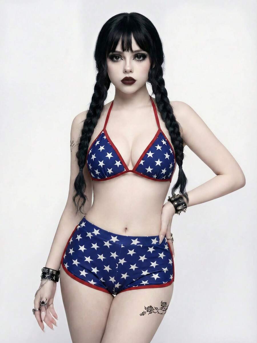 ROMWE Goth Bộ bikini 2 mảnh nữ 26SS hè phong cách quốc kỳ thể thao gợi cảm sọc xanh trắng 2026 mới cho đi học, hẹn hò, nghỉ lễ, tiệc bể bơi, trà chiều, phong cách Western, du thuyền, bãi biển, đảo, road trip, bốn mùa, lễ hội âm nhạc, Boho, Bohemian, Chill, Western Boho, áo top thanh lịch, đồ bơi Mỹ, đồ tắm Mỹ, họa tiết sao - Nhiều màu - Xem 1