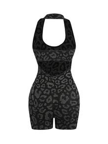 SHEIN BamGlam 豹纹露背无袖连体裤，夏季运动服 - 黑色 - 查看 7