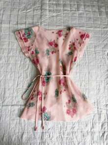 SHEIN 女款春夏新款花卉印花V領蝴蝶結腰部荷葉袖上衣 - 粉色 - 查看 2