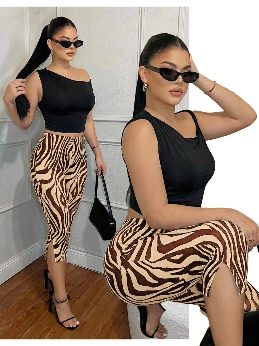 SHEIN SXY 女士时尚斑马纹高腰修身七分裤，带开衩 - 棕色 - 查看 1