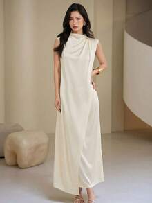 Heiryn New Design Niche Stand Collar Ruffle Lightweight Formal Dress, Luxury Daily Commute Dress,Summer Dresses For Women Formal Off-White Elegant - Apricot - View 3