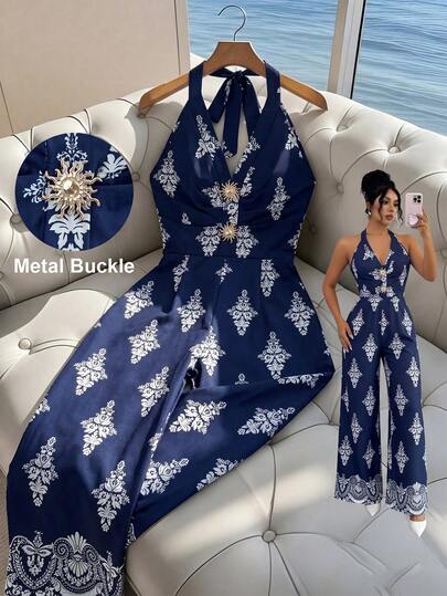 Breezaya Women's Vintage Floral Print Halter Backless Buckle Decor Waist Wide Leg Jumpsuit, Suitable For Spring/Summer Outings, Music Festivals, Beach Vacations, And Daily Commute