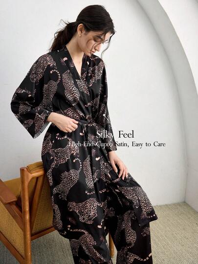 Ocili Women's Leopard Print Long Sleeve Loose Fit Robe