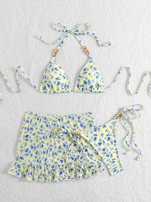 Swim SXY 3pcs Floral Print Halter Beaded Top, Tie-Front Swim Bottoms And Skirt Bikini Set - Multicolor - View 6