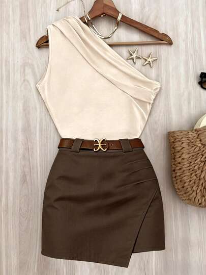 EMERY ROSE Summer Vacation New Dress, Brown Asymmetric Shoulder Pleated Top Paired With Apricot Asymmetrical Hem Skirt, Contrast Color Mini Dress, Elegant Women's Beach Outfit, Women's Summer Outfit Nice Outfit For Women Chic Outfits Women Skirts And Tops Outfits Yk Outfits Two Piece Outfit Brown Skirt And Top Skirt And Top Set 2 Piece Set