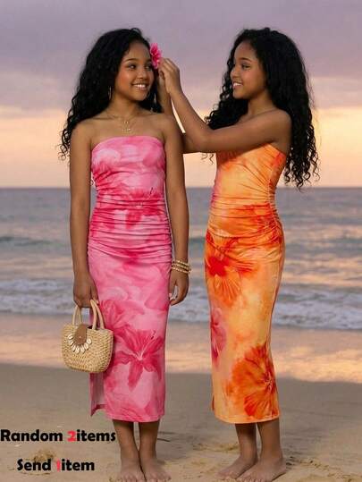 Tween Girls' Pink Floral Print Halter Dress With Slit, Fashionable, Versatile, For Beach, Hawaii, Casual, Party, Outing, Sister Photo Shoot, Park, Camping, Vacation, Daily Leisure Mothers Day Outfit Graduation Suitable For Spring & Summer Daily, Outing, Vacation, Holiday Wear, Stylish Girls, Casual Wear, New Style, Homecoming, Chill Vibe Outfits, Back To School, Girly Style T Shirt