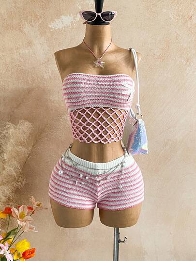 Soleia Plus Size Women Striped Hollow Out Tube Top And Shorts Casual Knit Set