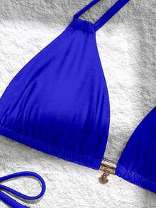 Swim Chiccia Hàng mới về, sản phẩm bán chạy nhất mùa hè, màu trơn, gợi cảm, áo tank top hở lưng và quần short buộc dây bên hông, bộ bikini đi biển dành cho nữ, phong cách thời trang bãi biển, đồ bơi tối giản. - Màu xanh lam - Xem 6
