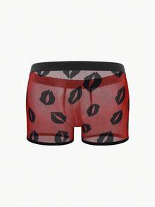 SHEIN DrisQ Men's Lip Print Mesh Sexy Lingerie Shorts - Red - View 2