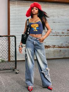 GARFIELD | SHEIN Women's Casual Fashion Street Chic Daily Commute Cartoon Print Frayed Hem Star Pattern Loose Wide Leg Jeans - Blue - View 5