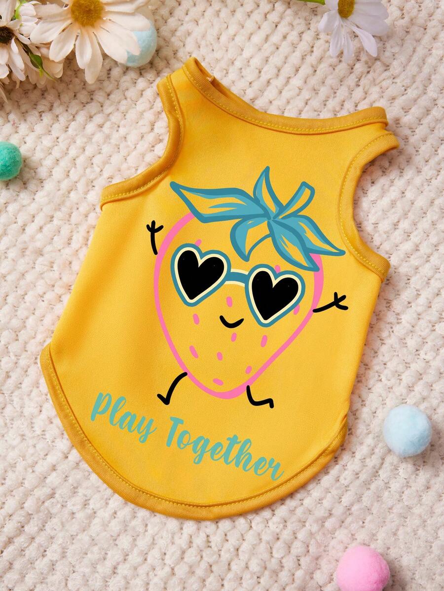 PETSIN Áo vest cho thú cưng in chữ hình dâu tây màu vàng, kiểu dáng thường ngày, mềm mại và thoáng khí, chống rụng lông. - Màu vàng - Xem 1