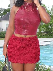 Steph T 2025 新款女装情人节时尚性感立体碎花迷你裙 - 玫瑰紅 - 查看 5