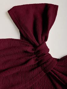 Sweetra Women's Asymmetrical Shoulder Tie Strap Ruched Crop Top And Mini Skirt 2-Piece Set - Burgundy - View 3