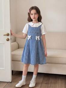 SHEIN Girls' Stylish Denim Suspender Dress, Soft Washed Denim Princess Dress, Summer New Design - Blue - View 9