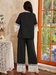 Côtesoire Bộ đồ ngủ nữ ren thanh lịch kiểu Pháp lãng mạn - màu đen - Xem 2