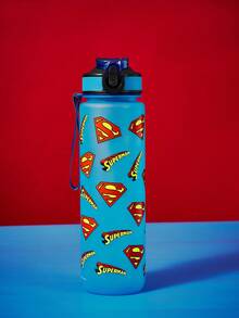 SUPERMAN X SHEIN 1000 Ml Water Bottle With Silicone Straw And Leak-Proof Cover, Suitable For Travel, Sightseeing And School Use, Plastic Material. - Baby Blue - View 1