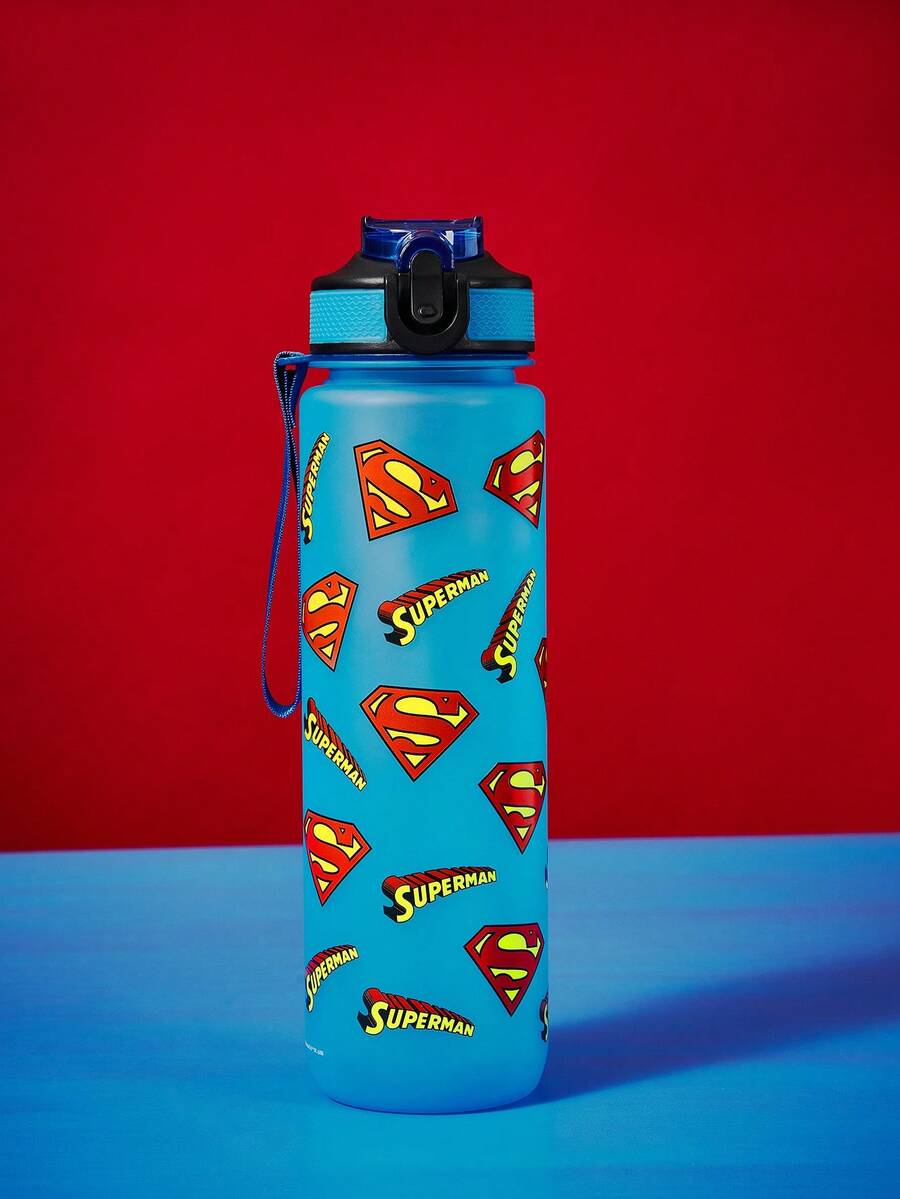 SUPERMAN X SHEIN 1000 Ml Water Bottle With Silicone Straw And Leak-Proof Cover, Suitable For Travel, Sightseeing And School Use, Plastic Material. - Baby Blue - View 1