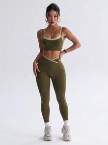Dewbera Dewbera 無縫高彈性女款健身保守運動休閒日常運動腰收臀提套裝 橄欖綠 夏季 - 軍綠色 - 查看 4