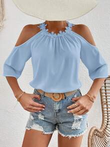 SHEIN VCAY Vacation Casual Solid Color Cold Shoulder Halter Shirt,Summer Top - Baby Blue - View 4