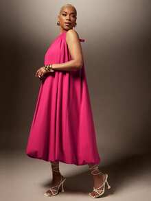 Vixey Solid Woven Bubble Hem Halter Neck Midi Dress - Hot Pink - View 4