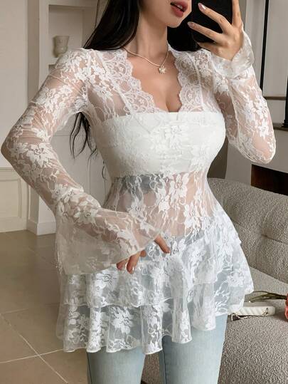 Joudiya فستان قصير أنيق للنساء من الدانتيل غير متماثل الذيل