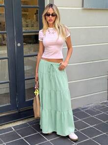 MainGRL Women's Pastal Casual Girlisim Drawstring Waist Skirt, Autumn Golf - Mint Green - View 4