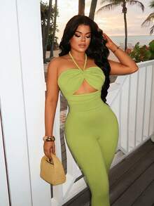 SHEIN SXY Green Halter Neck Bodycon Jumpsuit For Vacation - Green - View 7