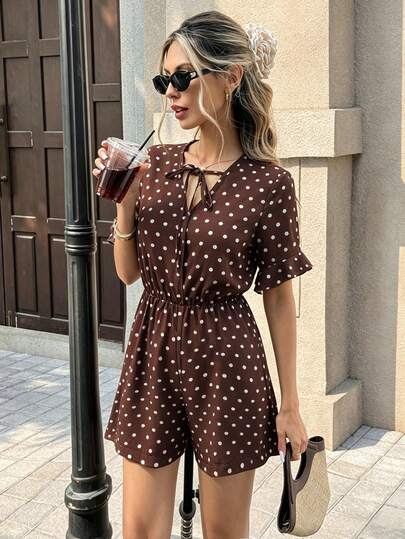 Pariaura Bộ áo liền quần tay ngắn chấm bi màu nâu dành cho nữ, trang phục thanh lịch cho kỳ nghỉ, mùa xuân/hè.