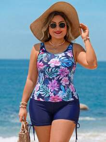 Swim Lushoire Plus Size Tropical Leaf Print Floral Trim Sexy Tankini Swimwear For Women - Navy Blue - View 1