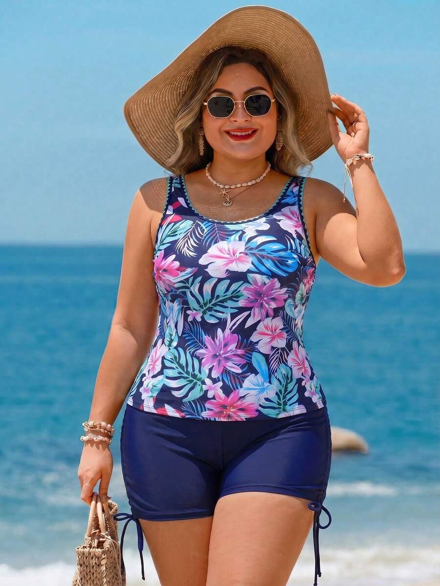 Swim Lushoire Plus Size Tropical Leaf Print Floral Trim Sexy Tankini Swimwear For Women - Navy Blue - View 1