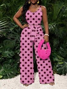 SHEIN Slayr Bộ đồ 2 món phong cách cổ điển tối giản, màu hồng chủ đạo, họa tiết chấm bi nâu, thích hợp cho kỳ nghỉ xuân/hè và các bữa tiệc. - Nhiều màu - Xem 3