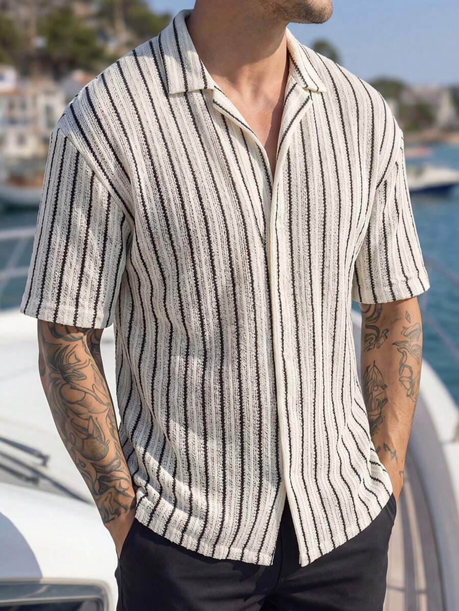 VIVINTIMO Men's Summer Casual Vacation Beach Contrast Color Striped Print Short Sleeve Shirt - Black and White - View 1