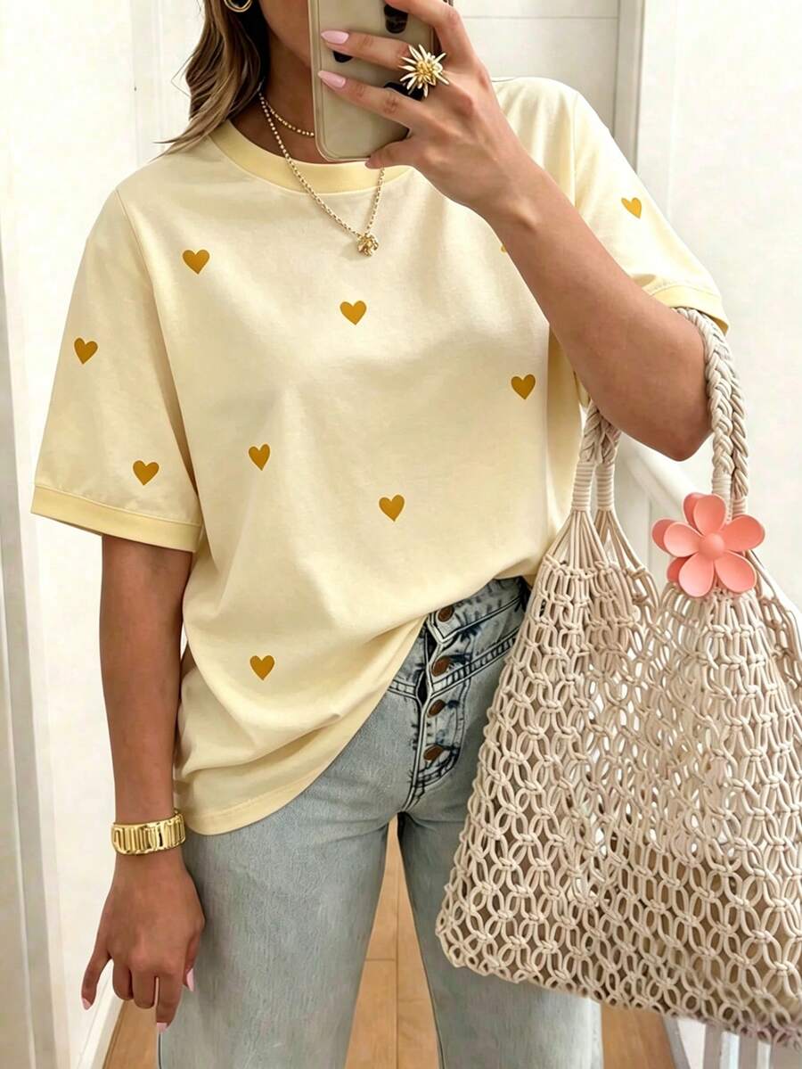 EMERY ROSE Plus Size Women Heart Print Round Neck Short Sleeve Casual T-Shirt - Multicolor - View 1