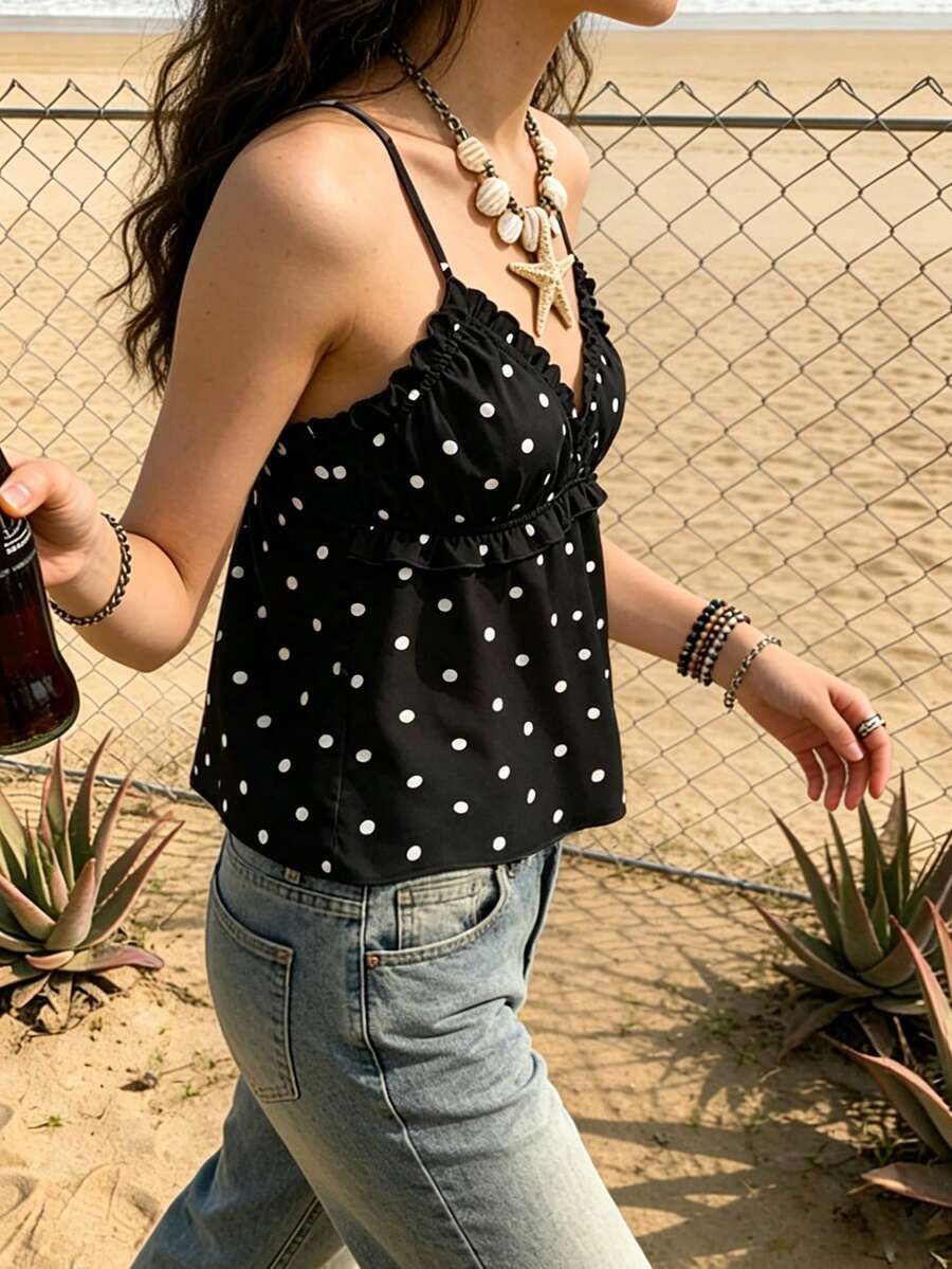Jouncy 女士波点褶皱休闲百搭约会外出吊带背心 - 黑色 - 查看 1