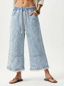Bohemela Quần jeans nữ màu trơn, cạp chun, túi xéo, phối ren. - Rửa trung bình - Xem 6