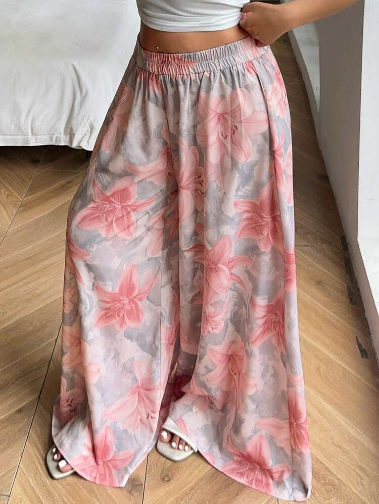 Dazy Plus Elegant Floral Print Loose Wide Leg Pajama Pants, Comfortable Home Wear For Women, Plus Size, All Season