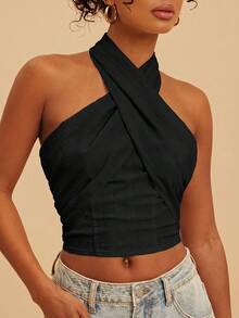 Travachic Women's Solid Color Woven Halter Neck Camisole, Spring/Summer,Summer Top - Black - View 7