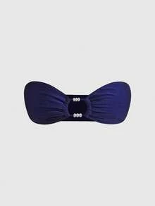 ROMWE Avant 2 pezzi Set da spiaggia di moda da donna, colore unito, top corto senza spalline e pantaloni con lacci laterali, decorazione con perle, elegante per San Valentino, festa in spiaggia, vacanza estiva, bikini sexy con schiena scoperta - Blu Navy - Visualizzare 8