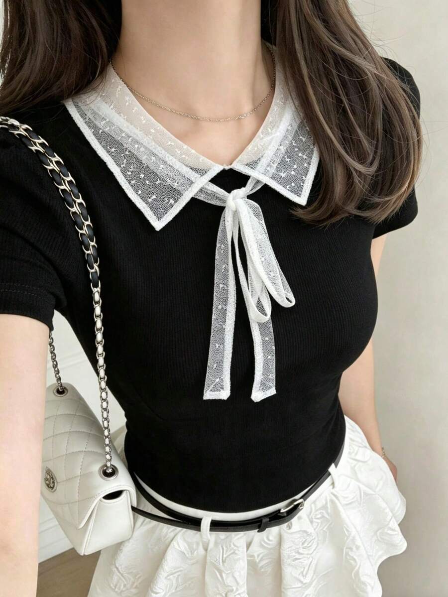 FRIFUL 女士常规领波点网纱拼接领蝴蝶结装饰紧身罗纹短袖甜美T恤 夏季 - 黑色 - 查看 1