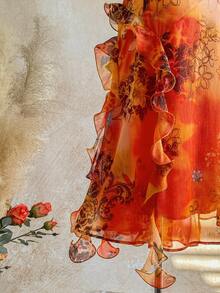 Soleia Plus Size Vintage Bohemian Animal Print Orange Jellyfish Ruffle Trim Shiny Chiffon Dress Beach Vacation Summer - Multicolor - View 6