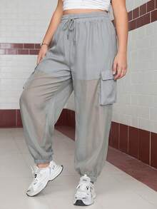 SHEIN EZwear 大码休闲运动裤，带口袋，适合日常穿着，灰色 - 灰色 - 查看 1
