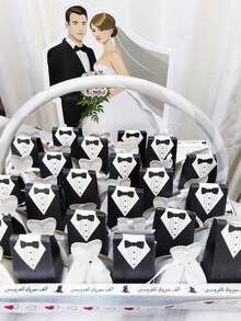 100pcs/200pcs Kotak Permen Souvenir Pernikahan, Wadah Berbentuk Gaun Tuxedo dengan Pita Satin untuk Hadiah Pesta Bridal Shower - satu ukuran cocok untuk semua - View 2