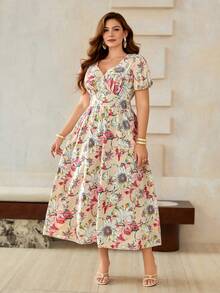 Roveilla Robe imprimée à encolure en V, taille froncée, drapée, pour grandes tailles, printemps/été - Nude - Voir 1