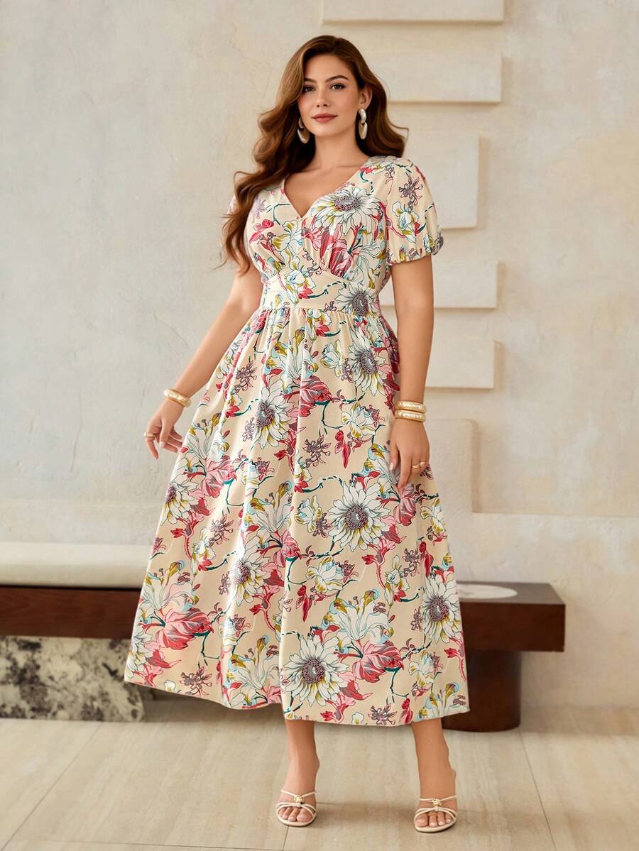 Roveilla Robe imprimée à encolure en V, taille froncée, drapée, pour grandes tailles, printemps/été - Nude - Voir 1